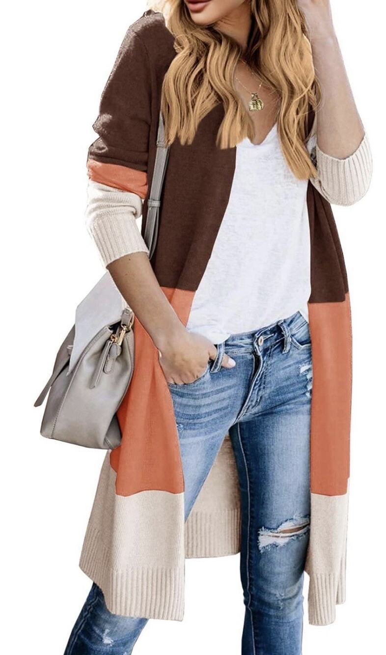Lovaru Women Open Front Knit Colorblock Cardigan Sweaters, Loose Long Small
